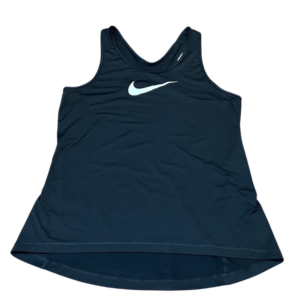 Nike Pro Dri-FIT Womens Black Racerback Tank Top Large Swoosh Logo High Low Hem